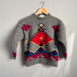 Vintage Shetland wool Gray Sweater with Colorful Geometric Patterns